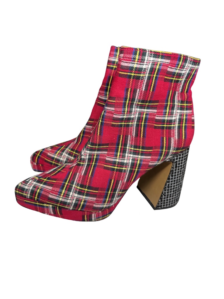 Betsey Johnson Red Plaid Ankle Booties With Patterned Sparkly Block Heel 8.5